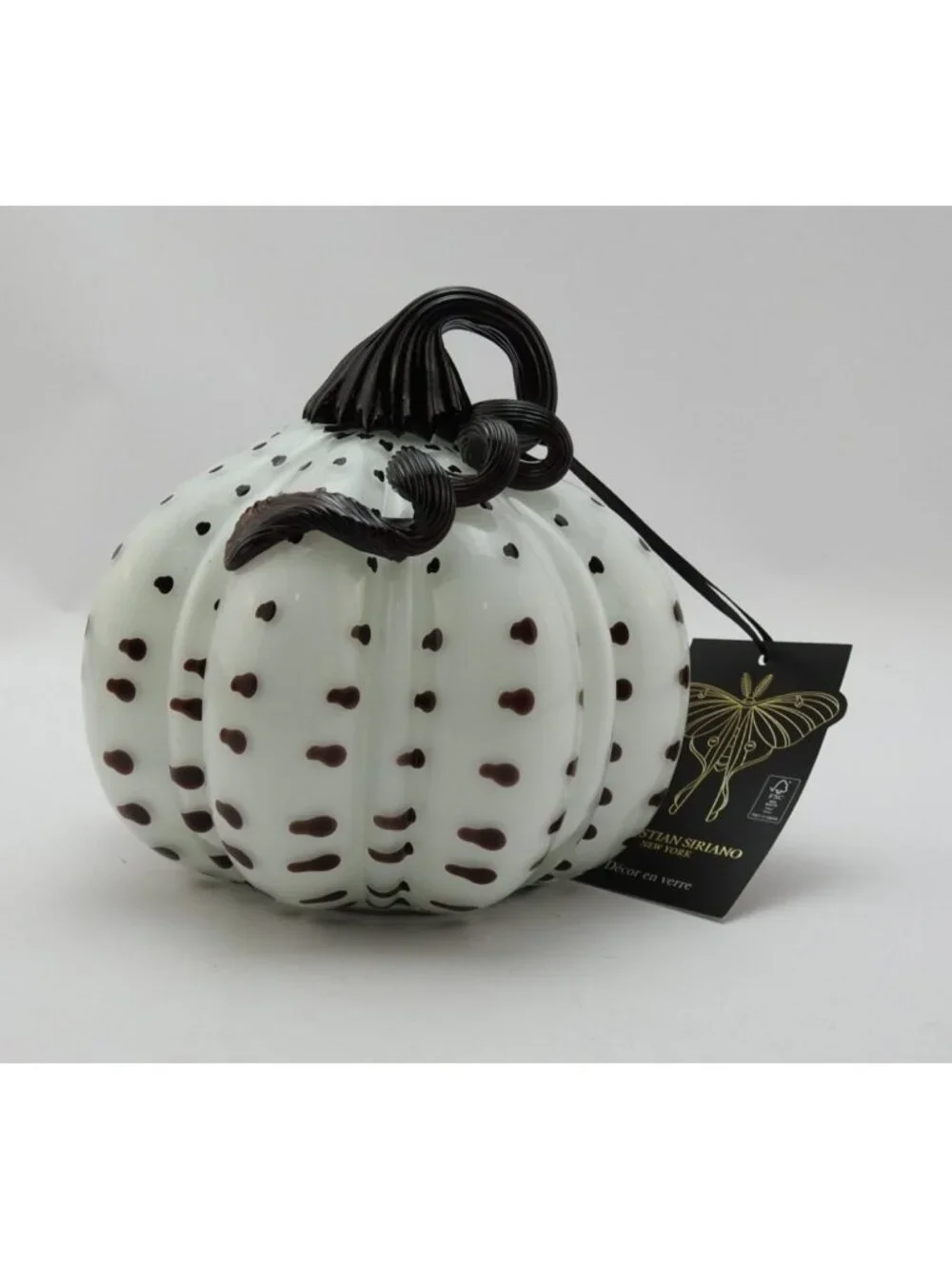 Christian Siriano Hand Blown Glass Pumpkin White Black Spotted Fall Decor 6 In